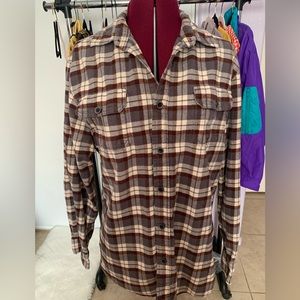EUC Jachs brown, beige, and gray plaid button down Pendleton type shirt. Size M